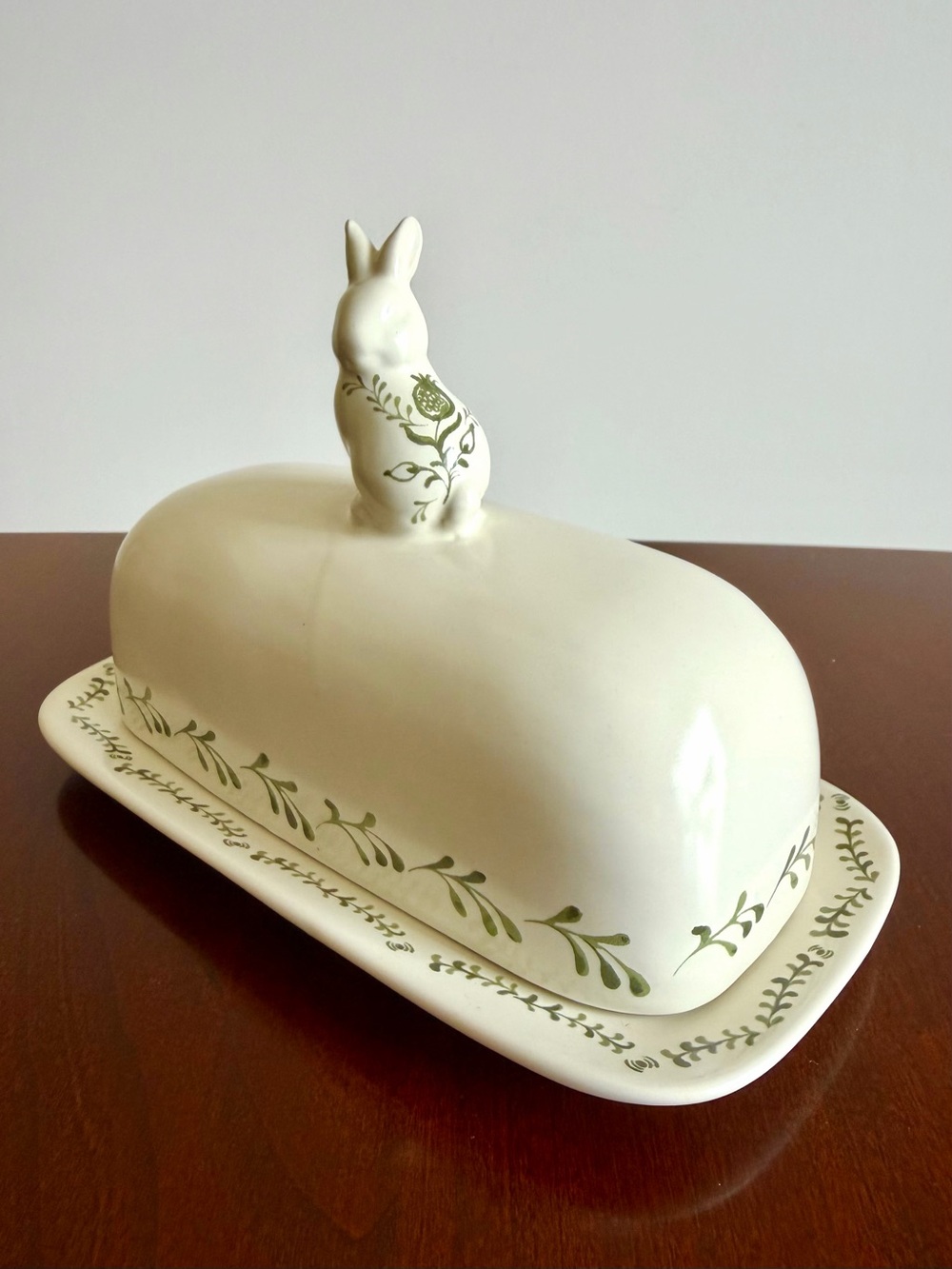 Bunny Rabbit Butter Dish Covered Stoneware Target Threshold White & Green Leaf - Picture 2 of 10